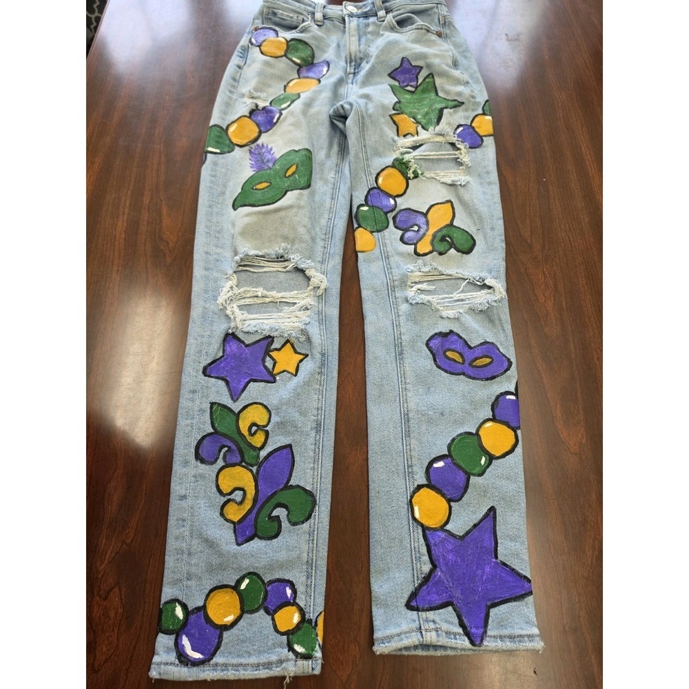 Custom Hand Painted Mardi Gras Jeans Womens Size 00 American Eagle Wearable Art